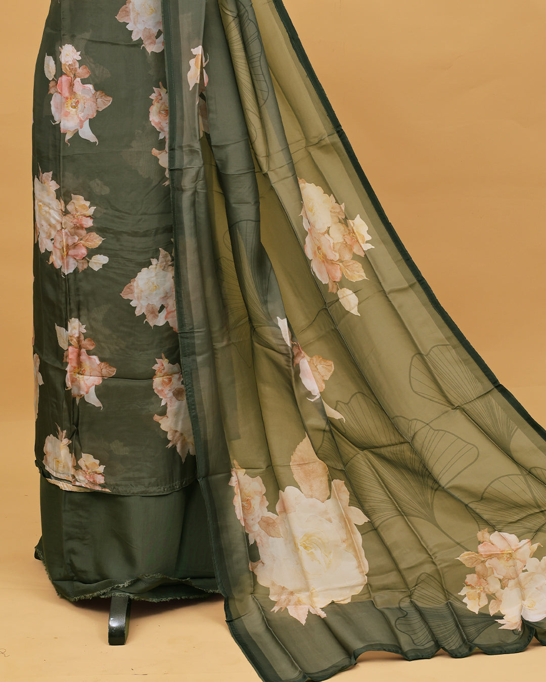 Dark Olive colour Organza Salwar material with Floral print work on body, matching bottom & Dupatta.