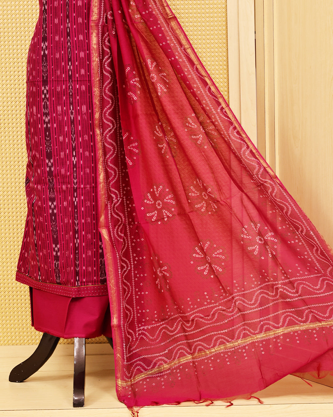 Red colour cotton Salwar Material with striped printed kurta, solid bottom, and matching printed dupatta.