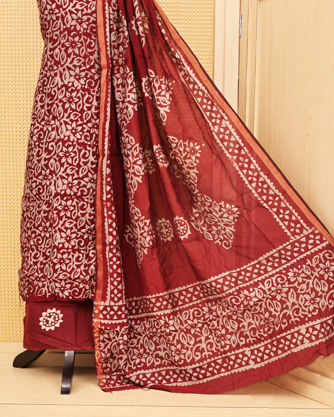 Maroon colour chanderi Salwar material Floral print on body, paired with matching bottom & Dupatta.