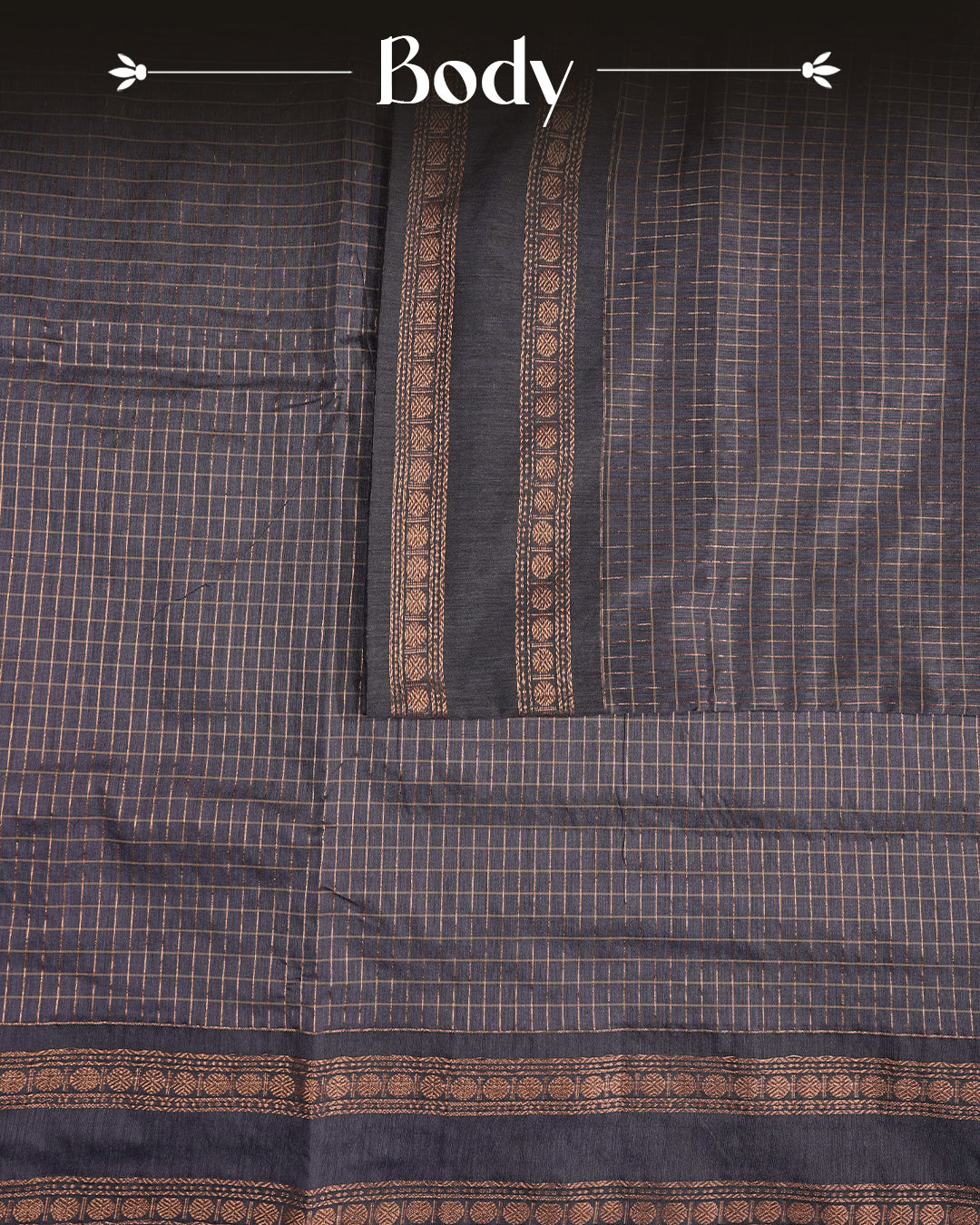 Bluish Grey  colour kalyani cotton saree featuring zari check pattern on body, complemented by Contrast colour with Antique zari border, paired with matching blouse piece