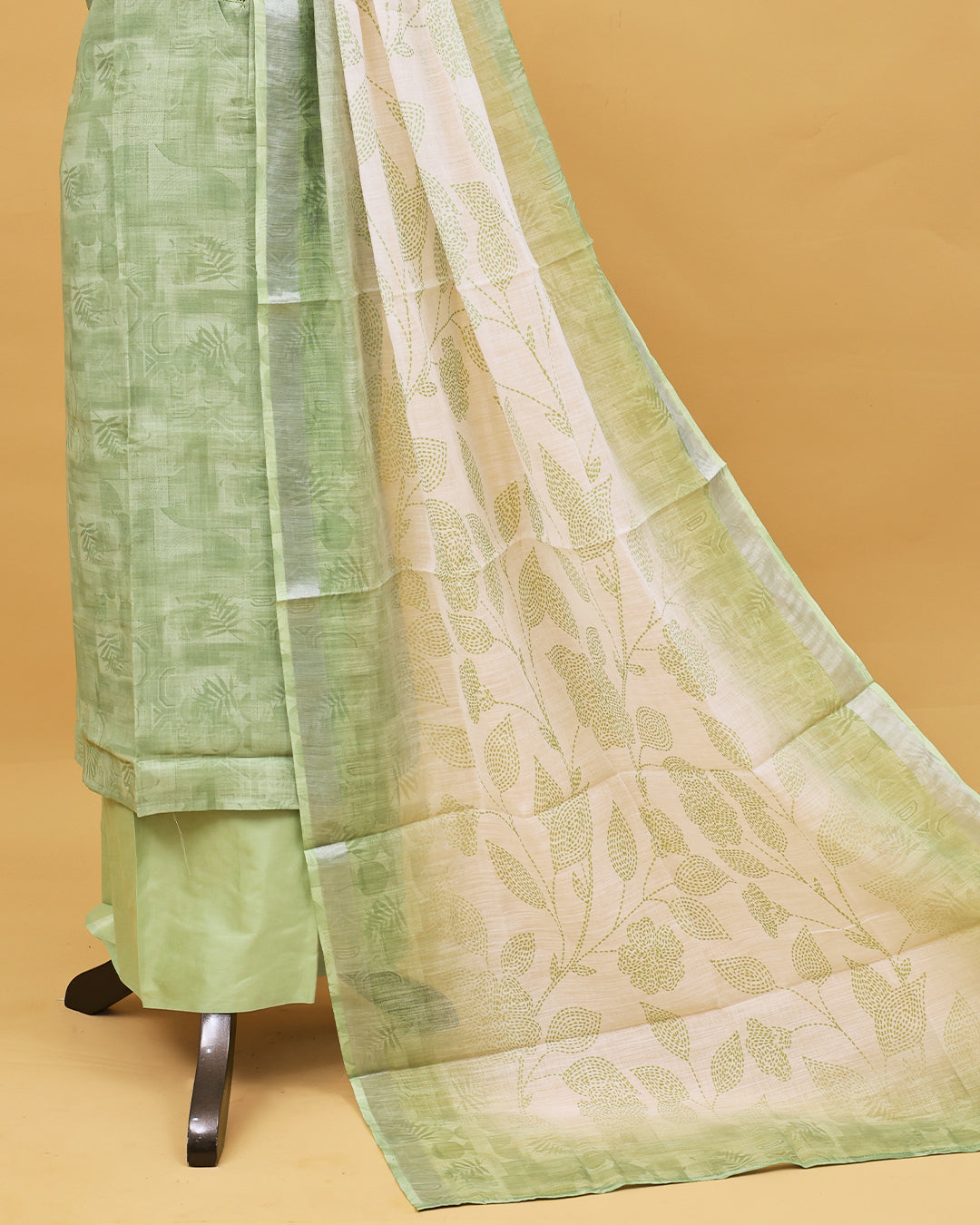 Pastel Green colour linen Salwar material with Thread & Beats work on body, matching bottom & Dupatta.