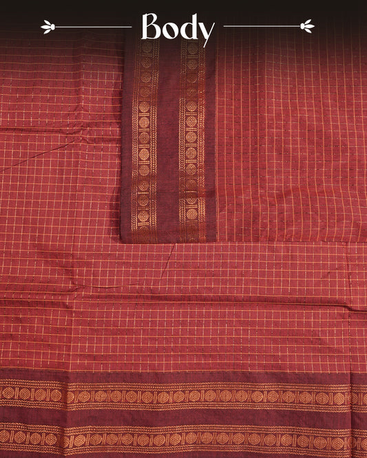 Maroon colour kalyani cotton saree featuring gold zari check pattern on body, complemented by Brown colour with Antique zari border, paired with matching blouse piece
