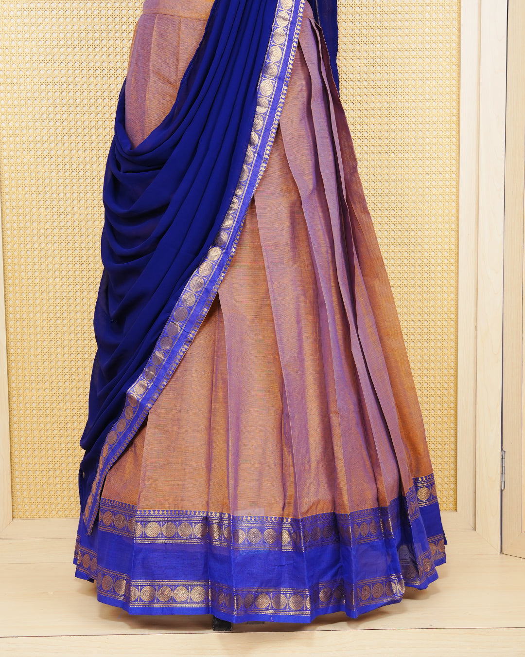 Sandalwood colour Chettinad Semi Stitched dhavani set Featuring Blue with Gold zari on skirt, matching Blouse & contrast dupatta.