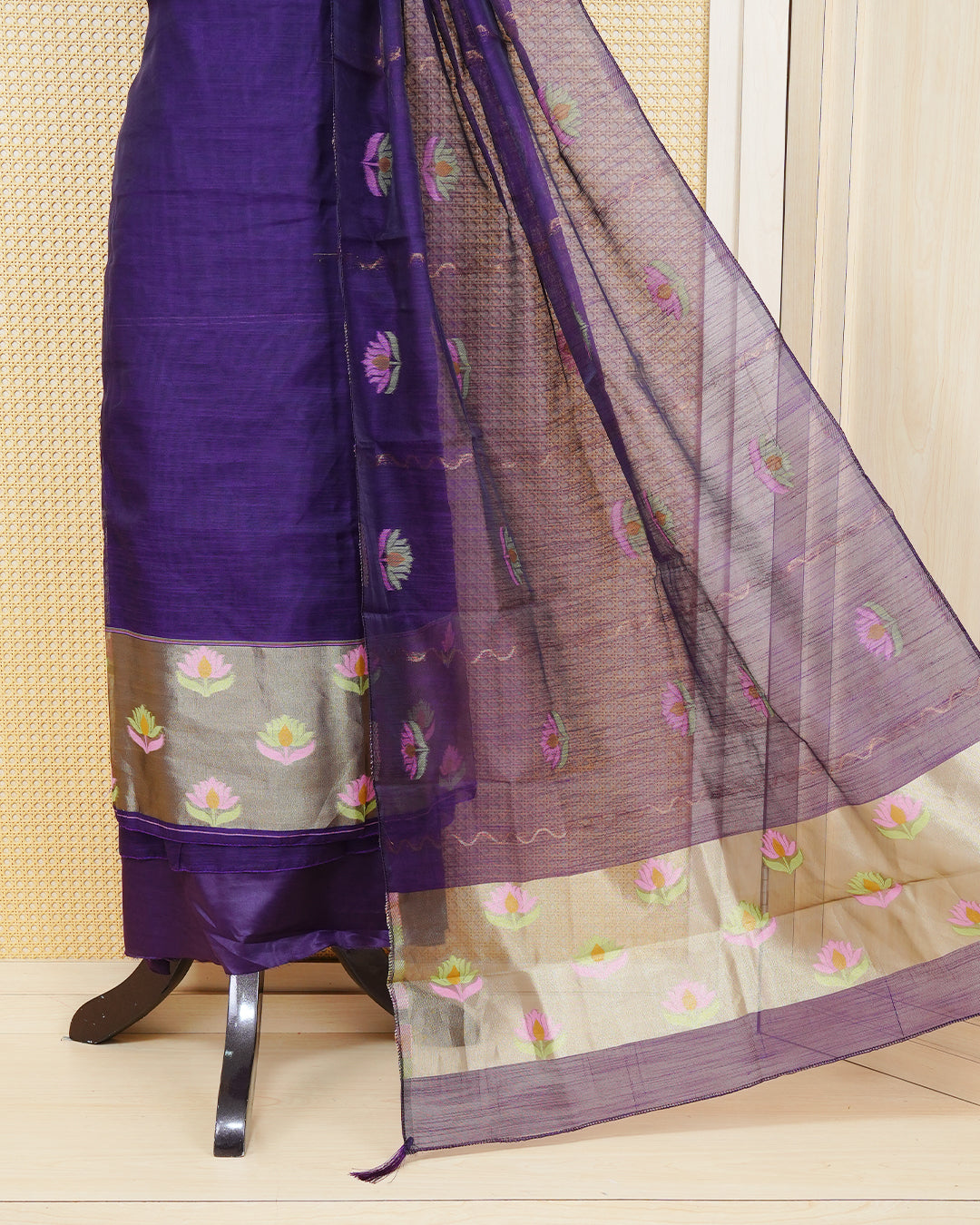 Dark Violet and Gold Colour Semi Linen Material Featuring Floral Thread Pattern Plain Body, Paired with Matching Bottom & Elegant Dupatta