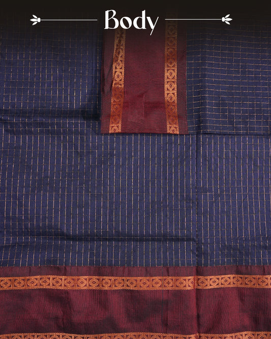 Navy Blue colour kalyani cotton saree featuring Copper zari check pattern on body, complemented by Maroon colour with Antique zari border, paired with matching blouse piece