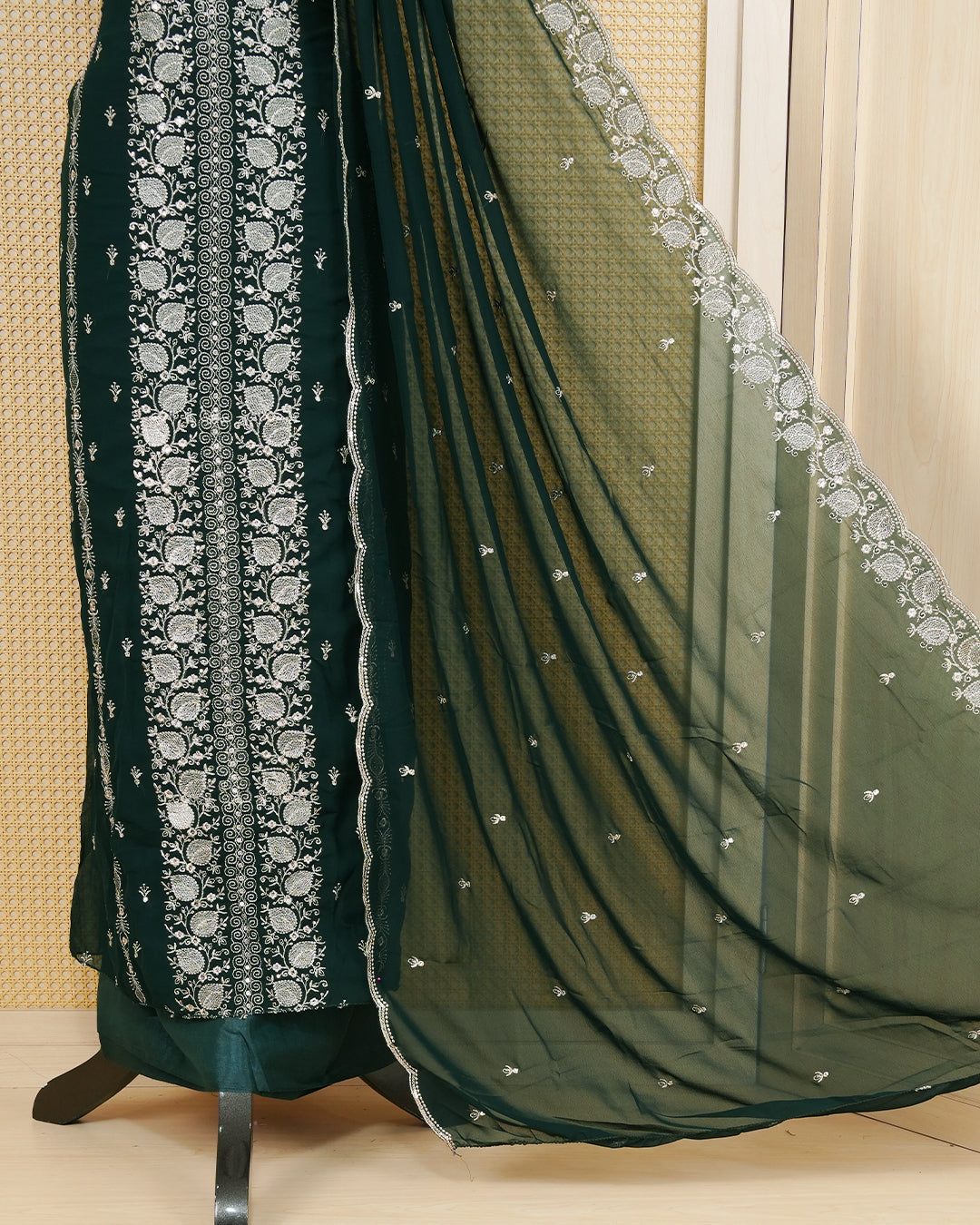 Dark Green colour Georgette Salwar Material Featuring Gold Thread Work on body, paired with matching Bottom & Elegant Dupatta.