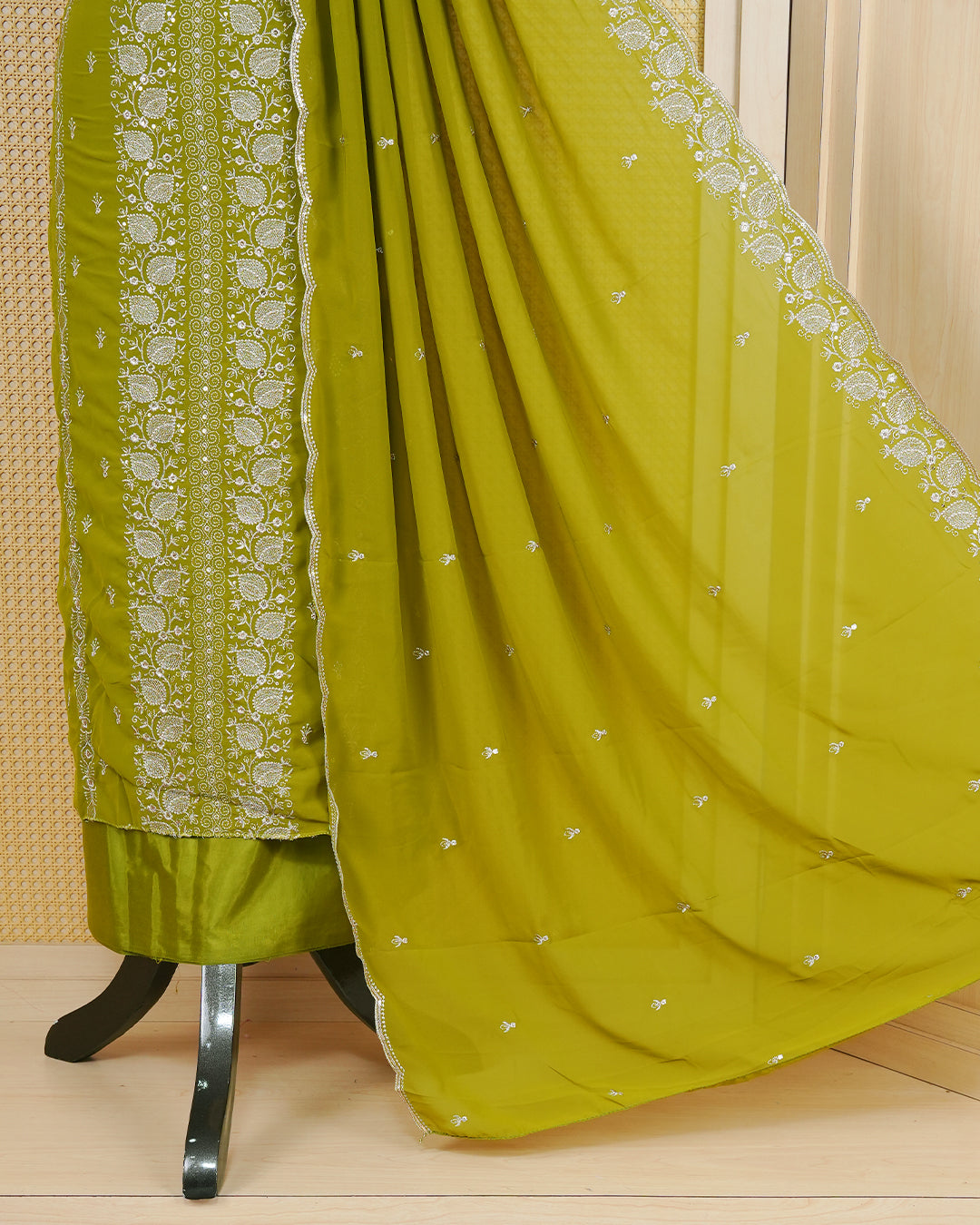 Avocado Green colour Georgette Salwar Material Featuring Gold Thread Mirorr Work on body, paired with matching Bottom & Elegant Dupatta.