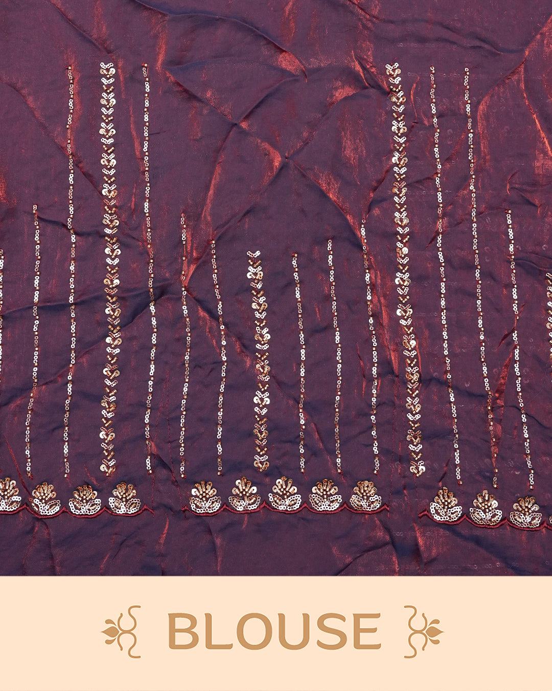 Wine colour Velvet chiffon designer saree featuring Sequins & cut beats strips on body and scallop border, comes with matching blouse piece.