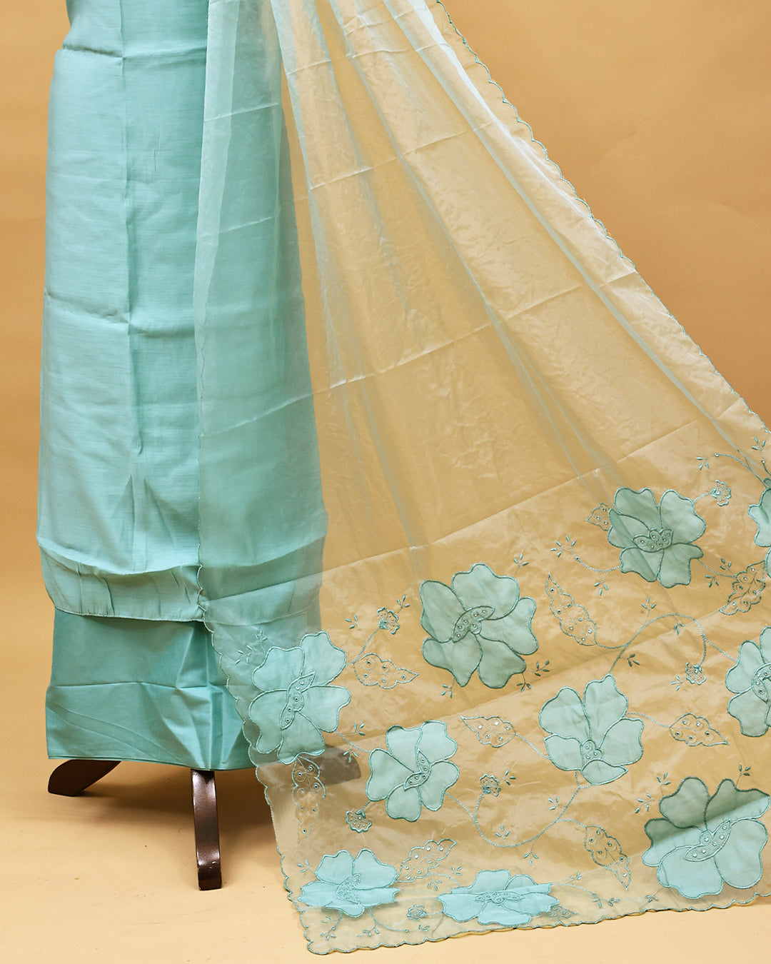 Sage Green colour Appliqué Salwar material with Plain body, matching bottom & Applique design on Dupatta.