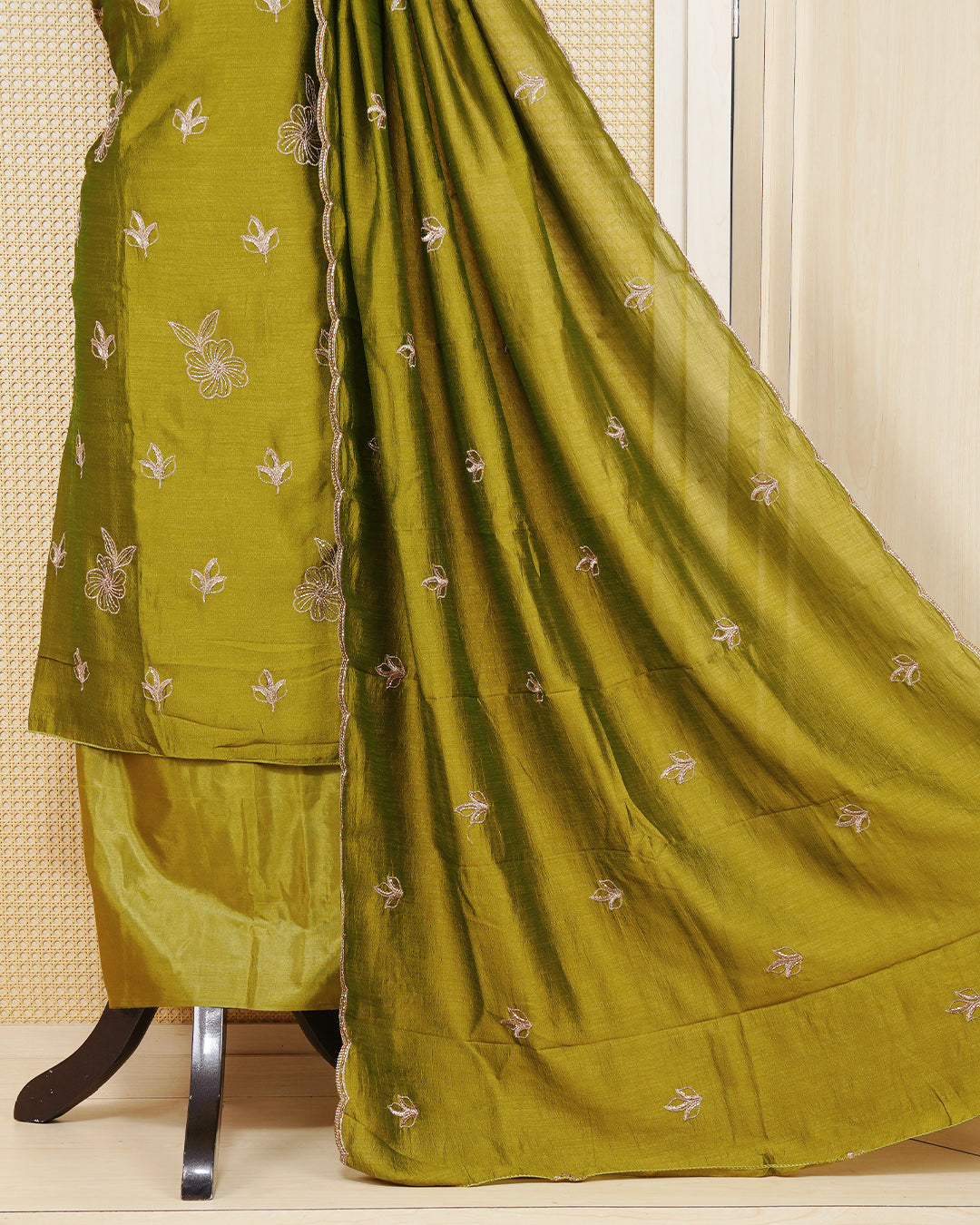 Olive Green Georgette Salwar material Featuring delicate Gold Thread and Beadwork Leaf Embroidery Motifs  paired with a matching bottom & elegant Duptta