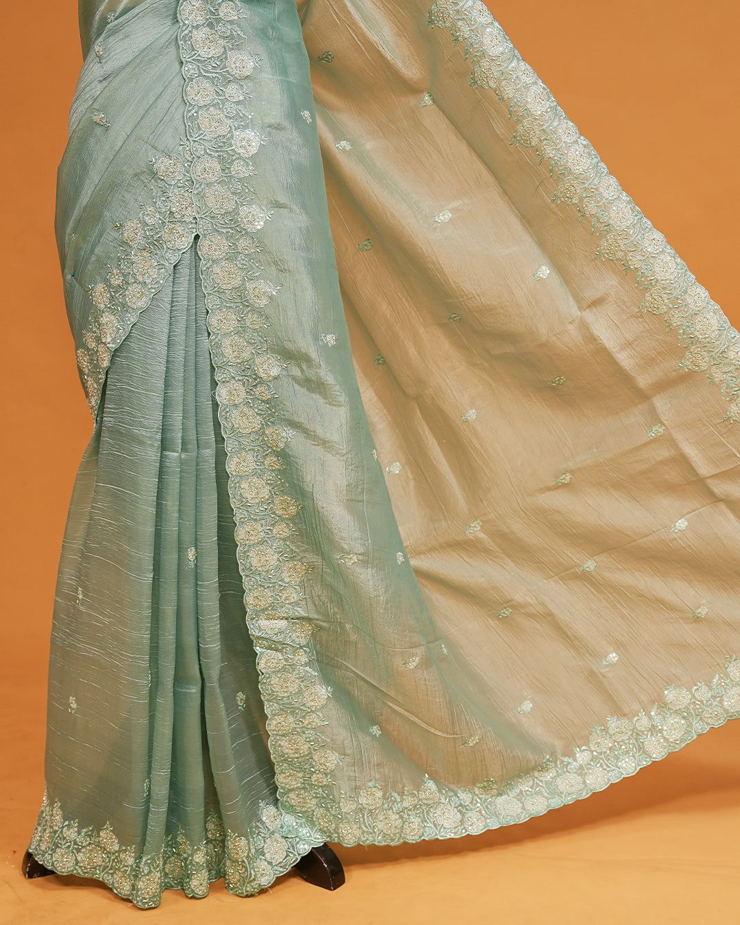 Mint Blue colour Crush organza saree with Cut Beats & Sequins.