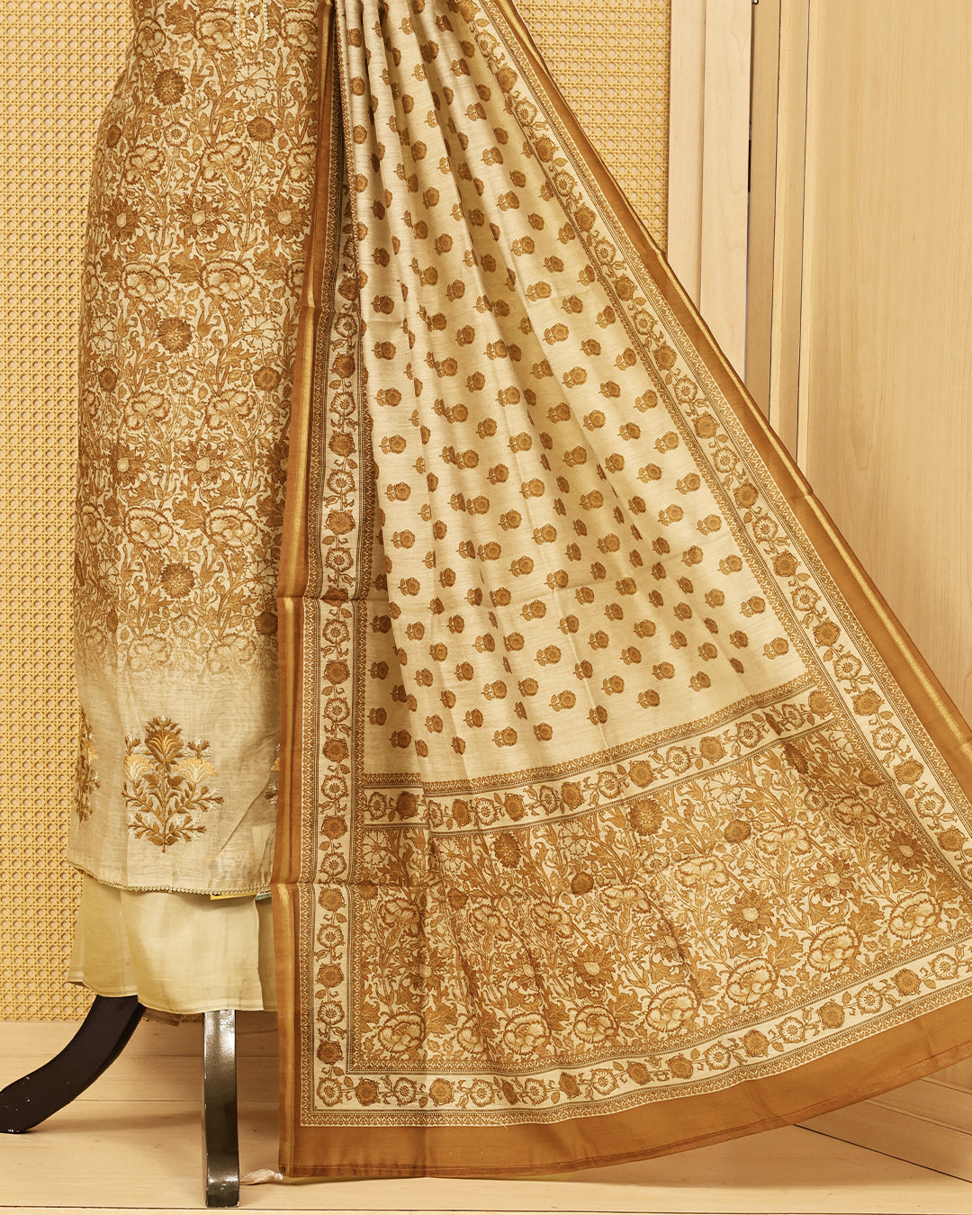 Beige & Antique Gold colour mul chanderi Salwar Material with floral printed kurta, solid bottom, and matching floral printed dupatta.