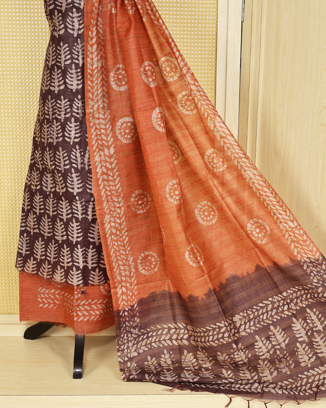 Brown colour chanderi Salwar Material with Printed  body, a matching printed bottom and a contrast rust printed dupatta