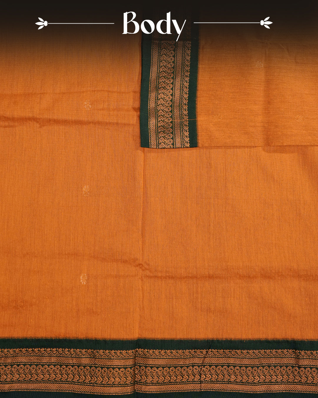 Mustard Orange  Colour Kalyani cotton saree featuring antique zari floral buttas on the body, complemented by a Bottle Green contrast pallu with an antique zari peacock border, paired with a matching  blouse piece