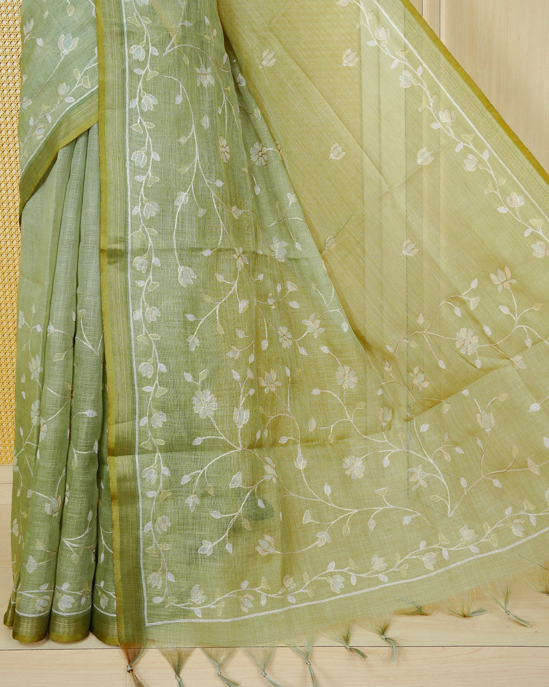 Pastel green colour linen tissue BKU inspired saree