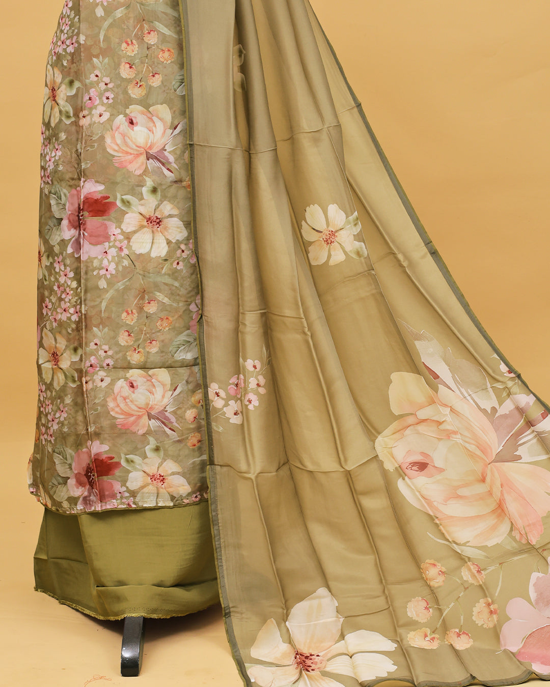 Olive colour Organza Salwar material with Floral print work on body, matching bottom & Dupatta.