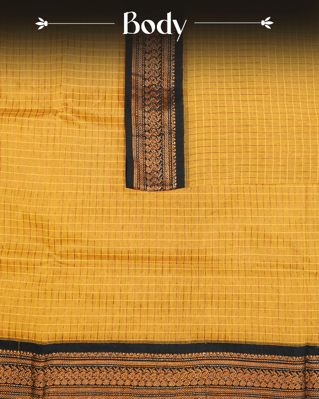 Mustard colour kalyani cotton saree featuring Copper zari check pattern on body, complemented by Navy Blue colour with Antique Copper zari border, paired with matching blouse piece