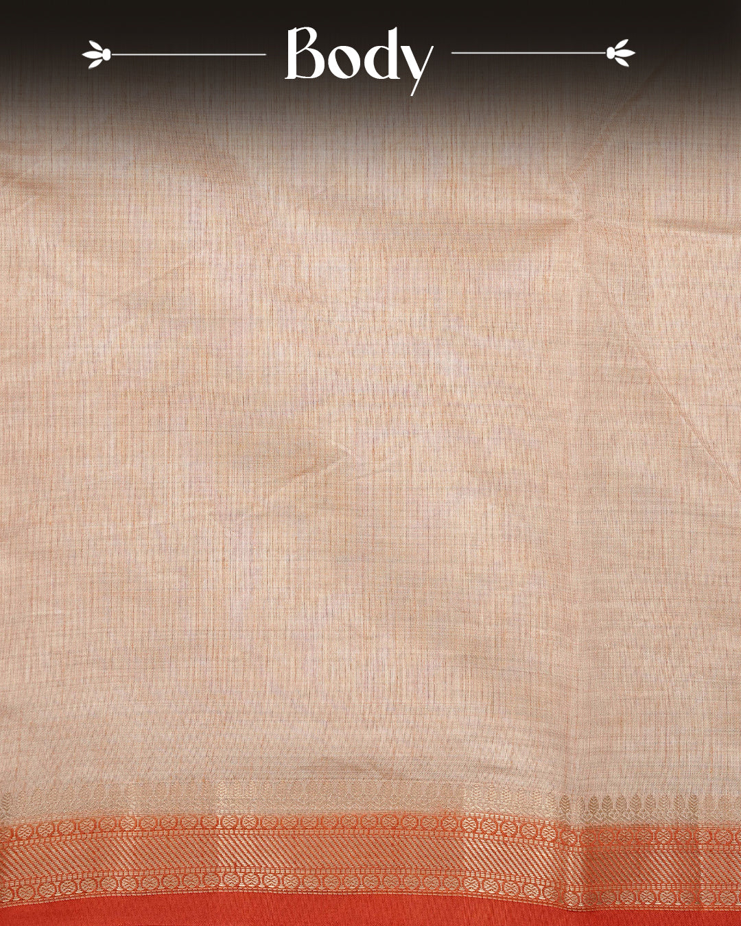 Cream colour Semi Tussar silk saree featuring an elegant plain body, accentuated by a contrast Orange border adorned with intricate gold zari work, paired with a matching blouse piece.