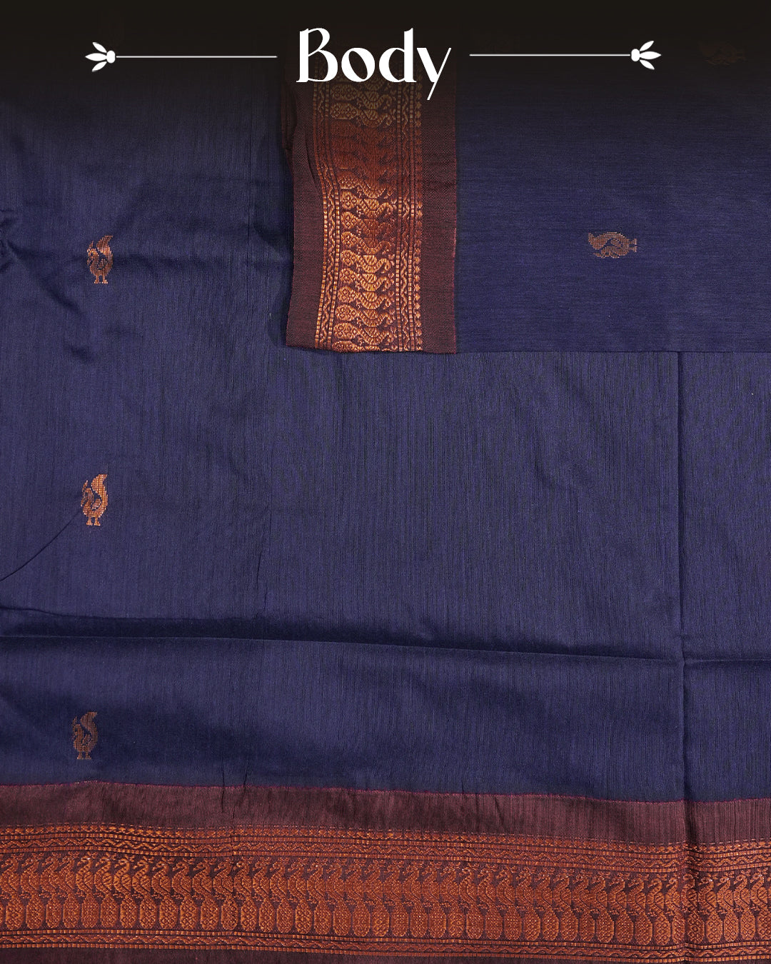 Navy Blue Colour Kalyani cotton saree featuring elegant antique zari peacock butta motifs on the body, complemented by a Maroon contrast pallu with a rich antique zari border, paired with a matching blouse piece