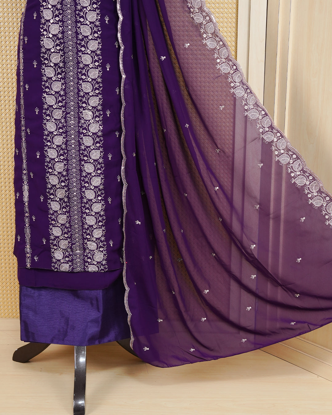 Violet colour Georgget Salwar Material Featuring Gold Thread Work on body, paired with matching Bottom & Elegant Dupatta.