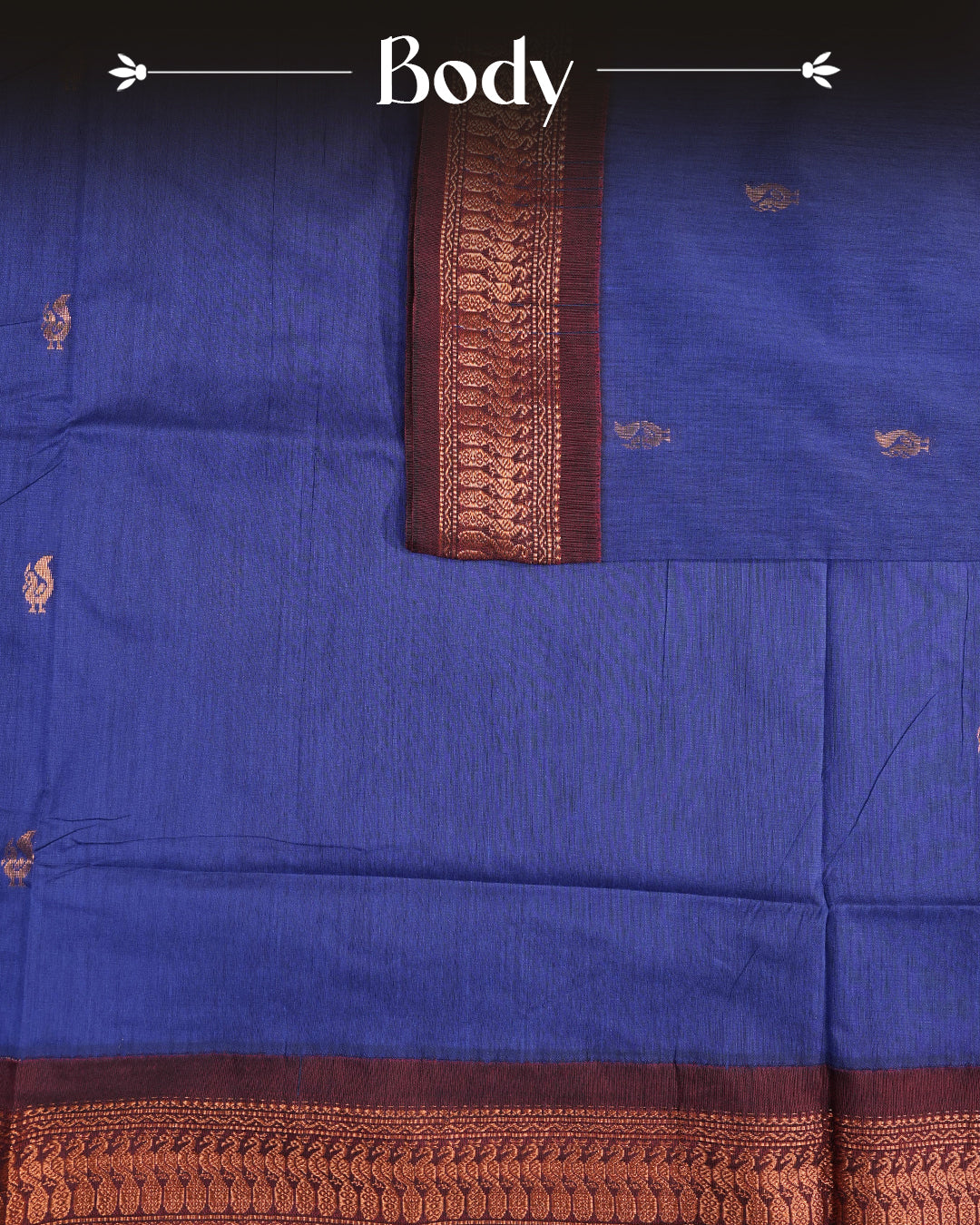 Dark Blue Colour Kalyani cotton saree featuring elegant antique zari peacock butta motifs on the body, complemented by a Maroon contrast pallu with a rich antique zari border, paired with a matching blouse piece