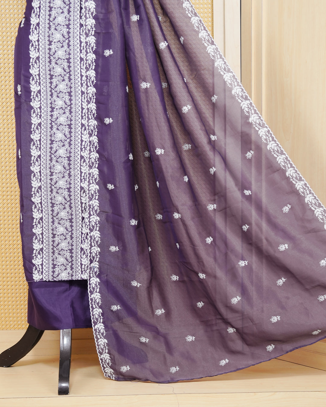 Purple Georgette Matierial Featuring Delicate White Thread work Leaf Embroidary Motifs, paired with a matching bottom & elegant Duptta