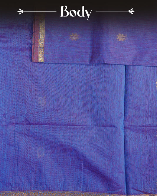 Blue & Red Dual colour kalyani cotton saree featuring gold zari Floral pattern on body, complemented by Red colour with Stripes & Floral Gold zari border, paired with matching blouse piece