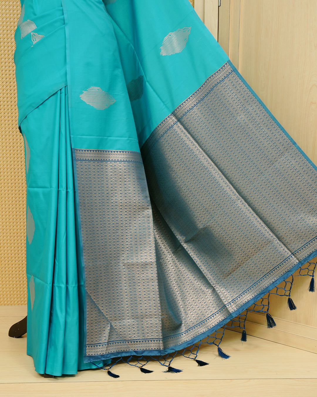 Cyan colour soft silk saree