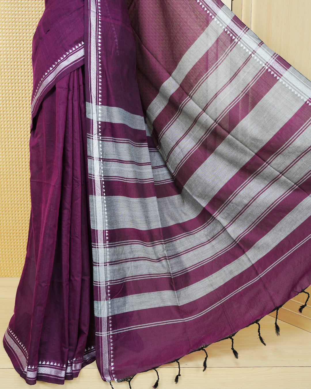 Purple & gray colour mul cotton saree