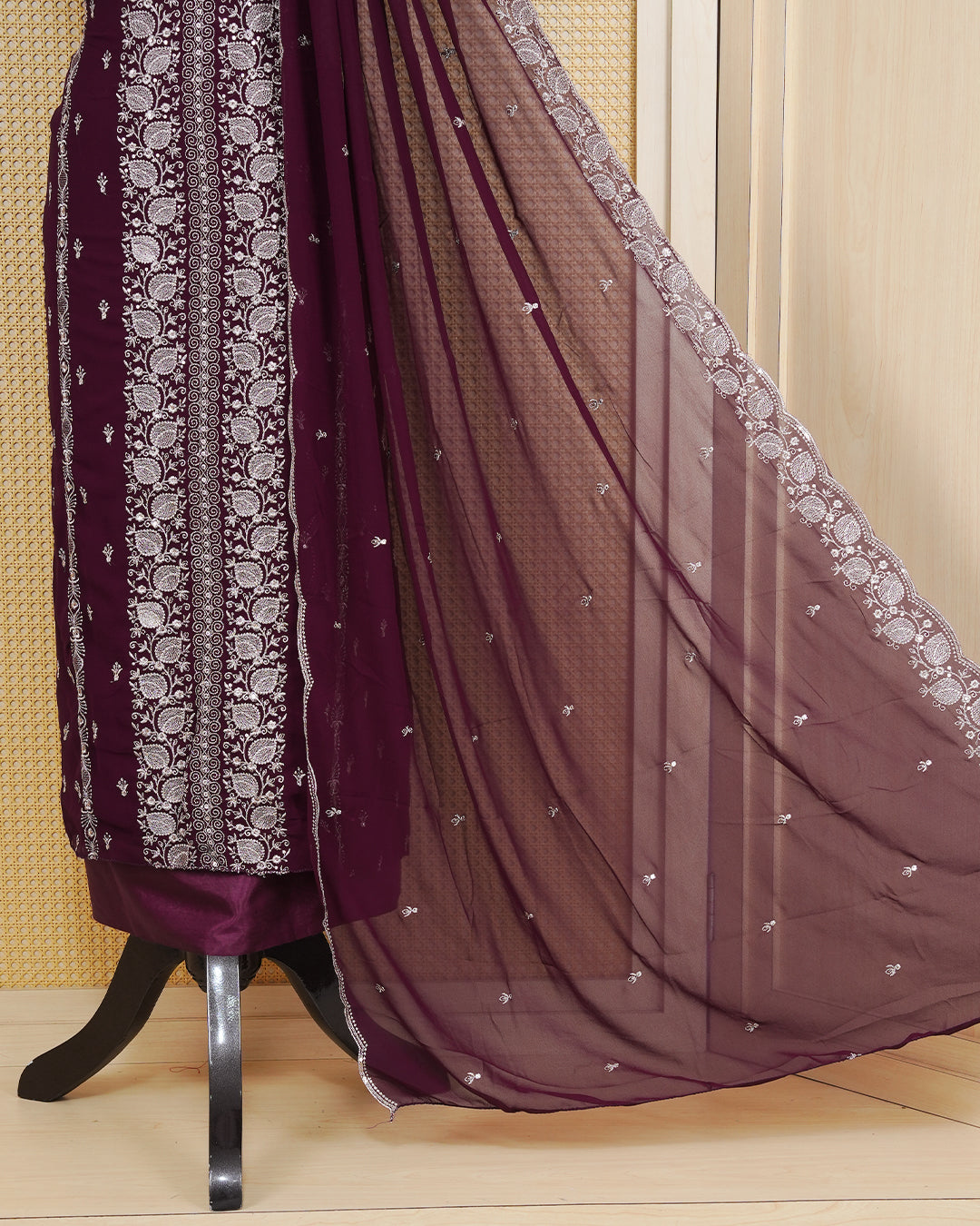Burgundy colour Georgette Salwar Material Featuring Gold Thread Work on body, paired with matching Bottom & Elegant Dupatta.