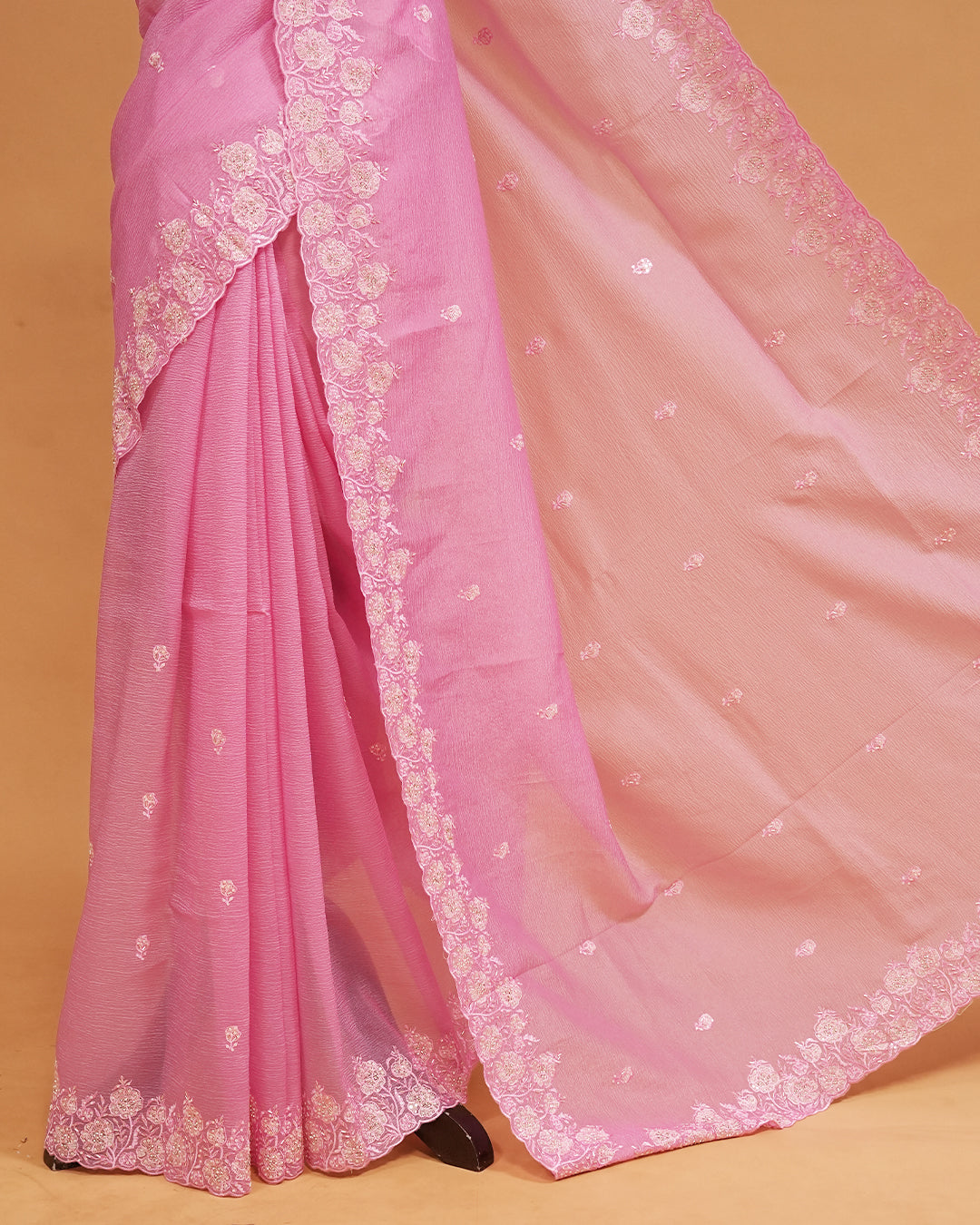 Pastel Pink colour Crush organza saree with Cut Beats & Sequins.