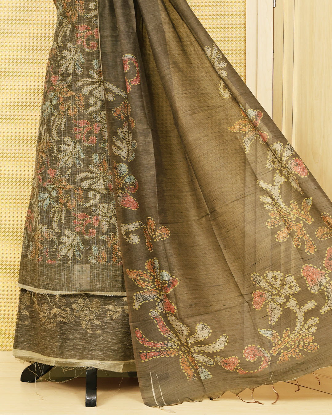 Olive Brown colour organza Salwar Material featuring elegant floral prints on the kurta, paired with a matching bottom and a self coloured printed dupatta.