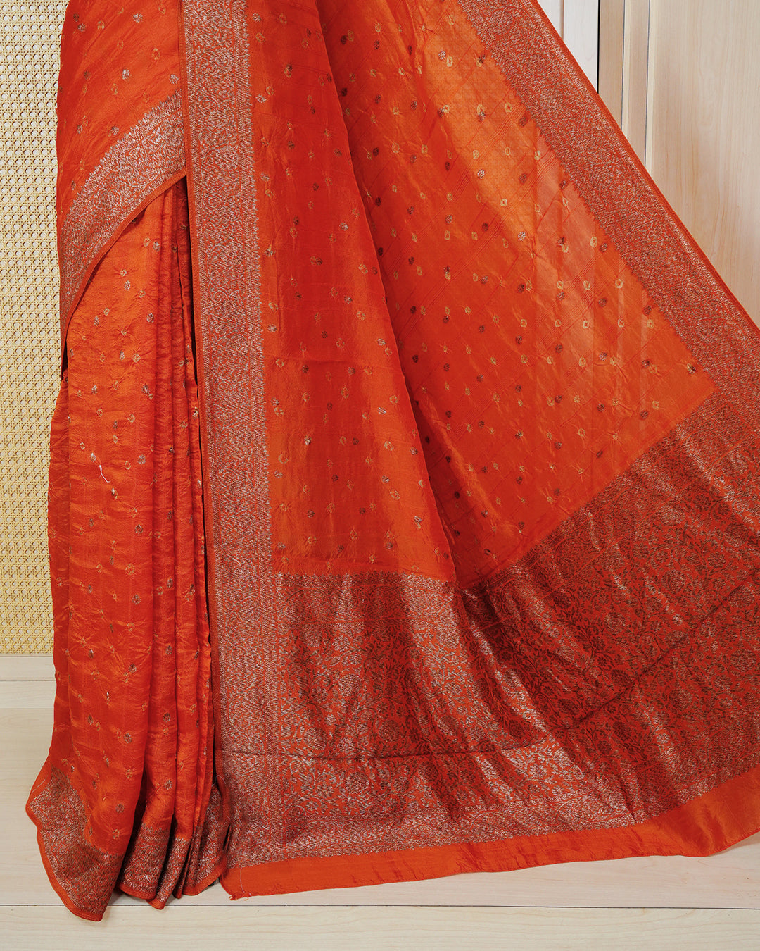 Deep Orange Colour banaras bandhani saree