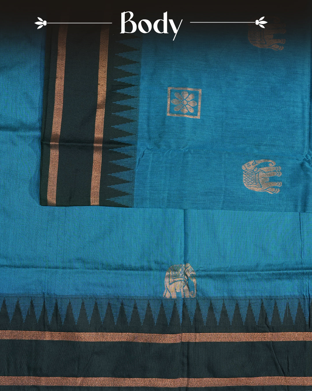 Turquoise Blue Colour Kalyani cotton saree featuring elegant antique zari elephant and floral motifs on the body, complemented by a Black contrast pallu with a rich antique zari peacock border, paired with a matching Black blouse piece.