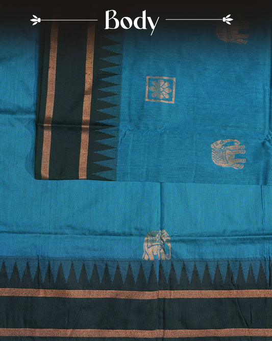Turquoise Blue Colour Kalyani cotton saree featuring elegant antique zari elephant and floral motifs on the body, complemented by a Black contrast pallu with a rich antique zari peacock border, paired with a matching Black blouse piece.