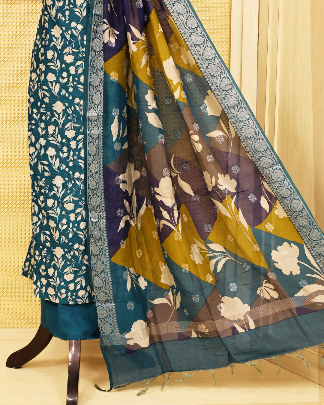 Teal Green colour chanderi Salwar material Floral print on body, paired with matching bottom & Dupatta.