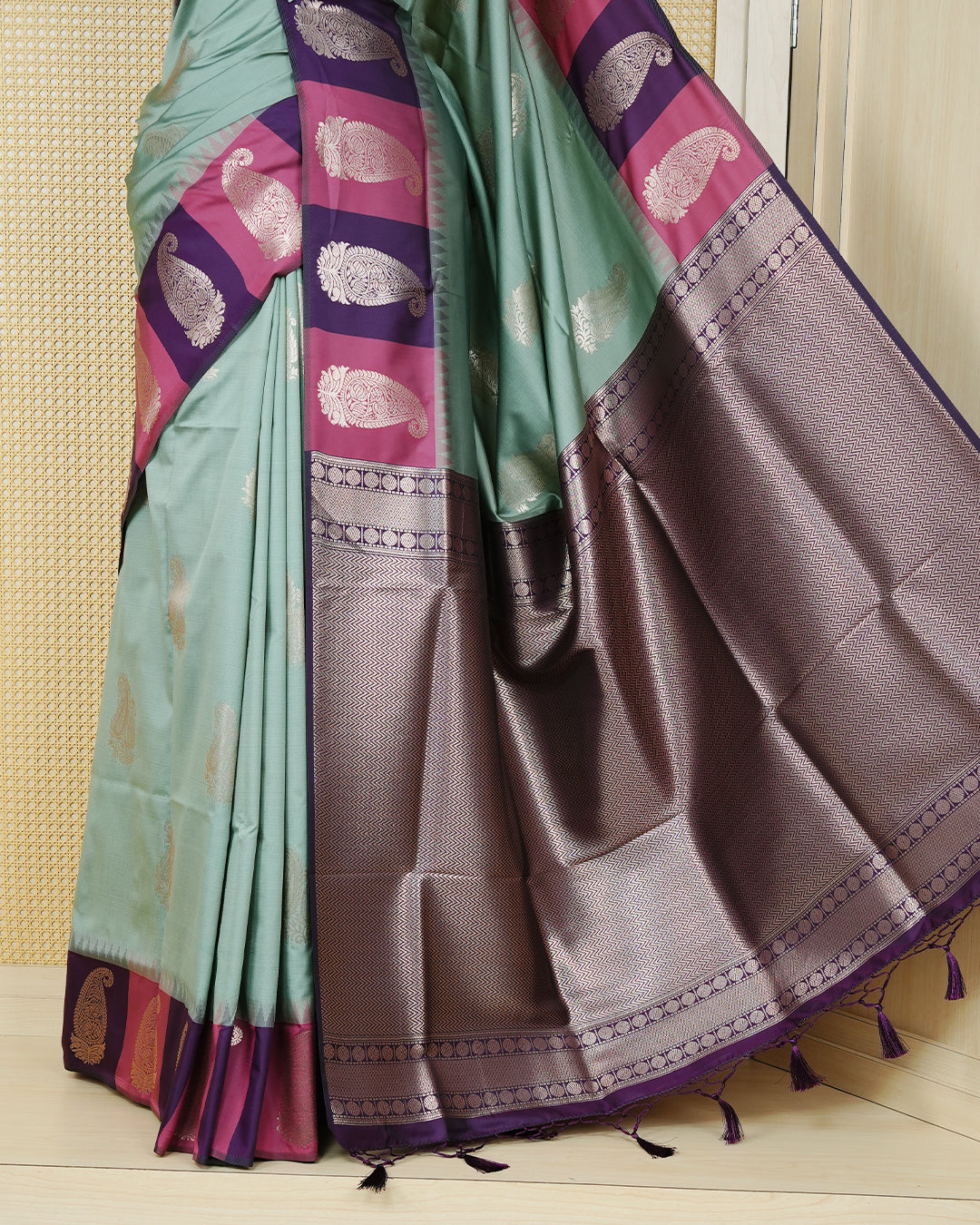 Pastel green colour soft silk saree