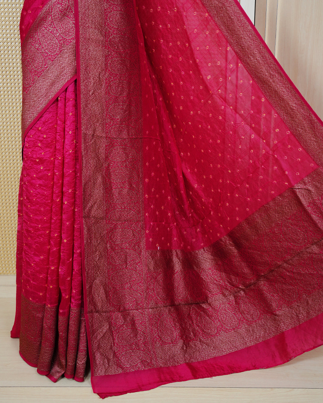 Rani pink Colour banaras bandhani saree