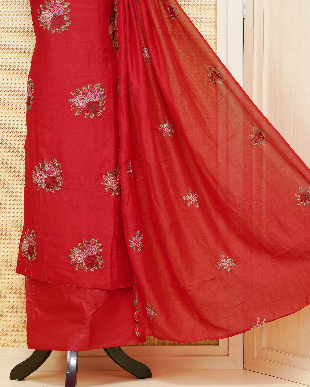 Red Colour Georgette Salwar Material Featuring Thread Work on body, Paired With Matching Bottom & Elegant Dupatta