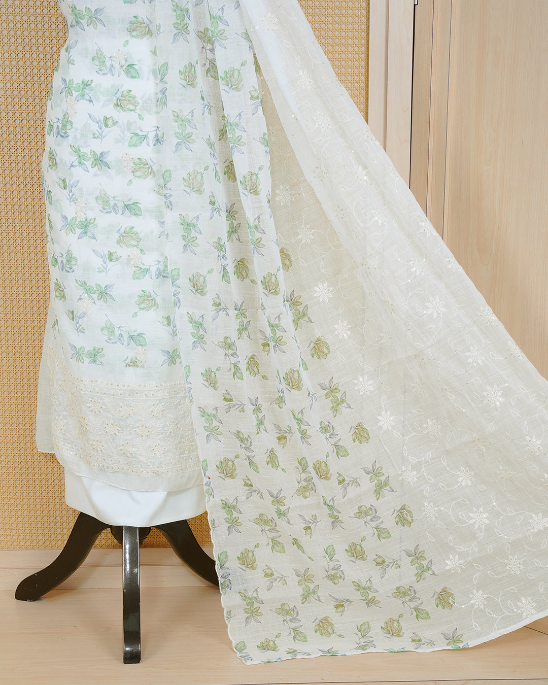 Off white Colour Net Kota Material Featuring Floral print & thread Pattern on Body, Paired with Matching Bottom & Elegant Dupatta