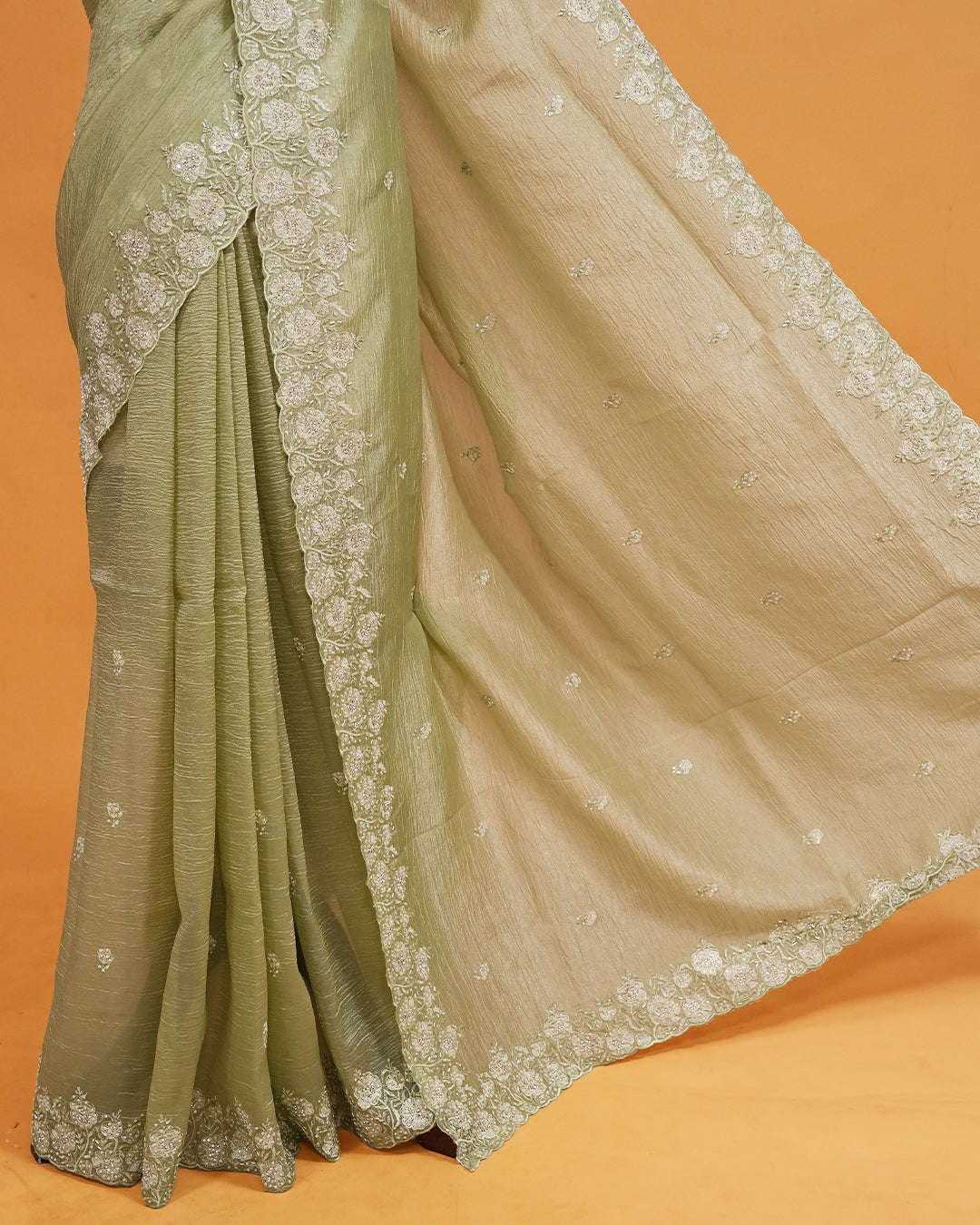 Sage colour Crush organza saree with Cut Beats & Sequins.