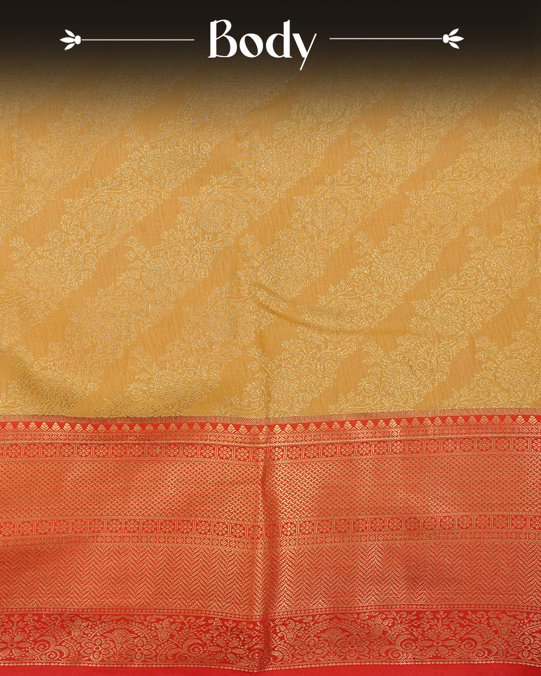 Mustard gold colour semi wedding saree featuring elegant self gold zari motifs on the body, complemented by a contrast red traditional zari border and a rich zari pallu. Paired with a matching blouse piece,