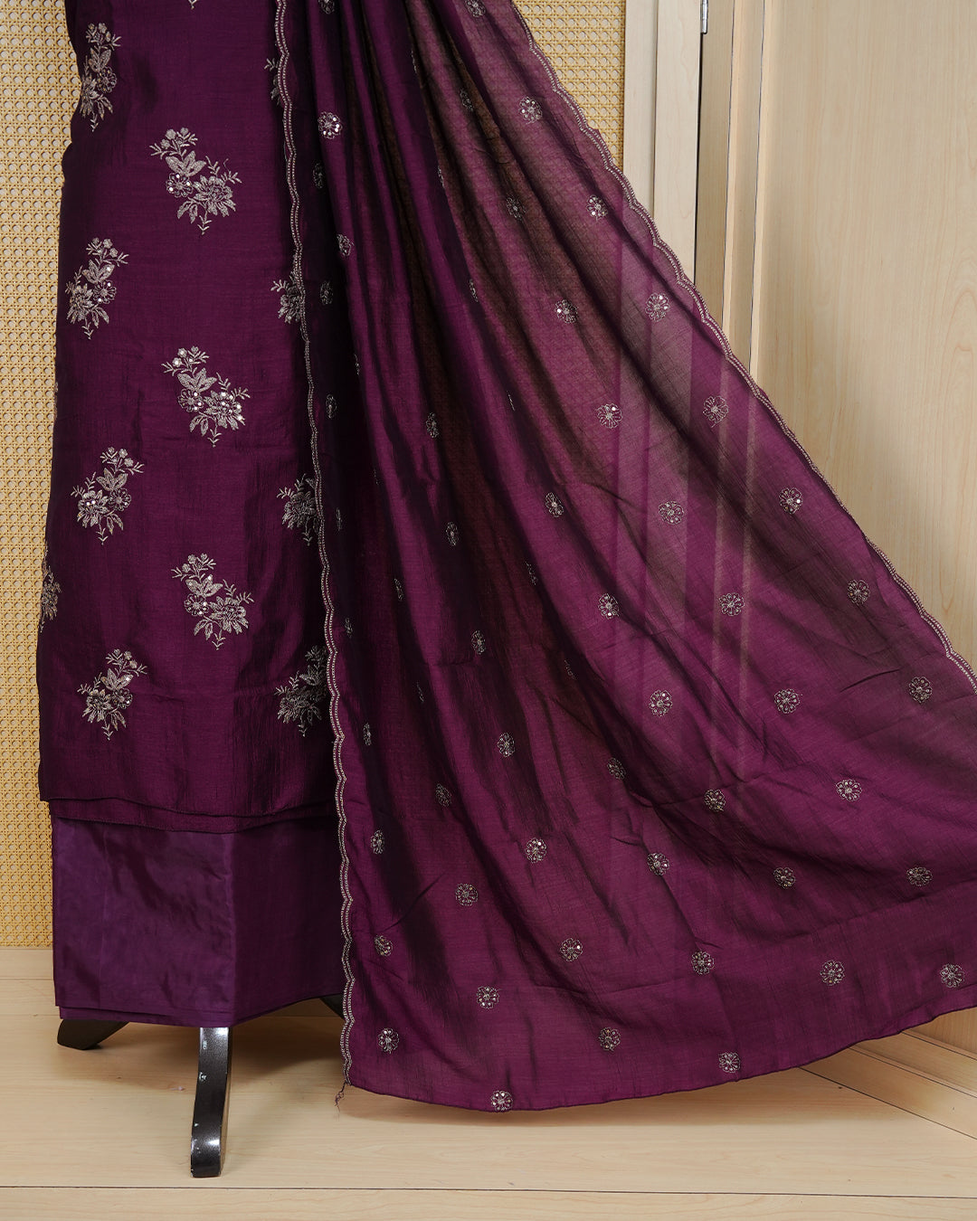 Violet colour Organza Salwar Material Featuring Gold Thread Mirorr Work on body, paired with matching Bottom & Elegant Dupatta.