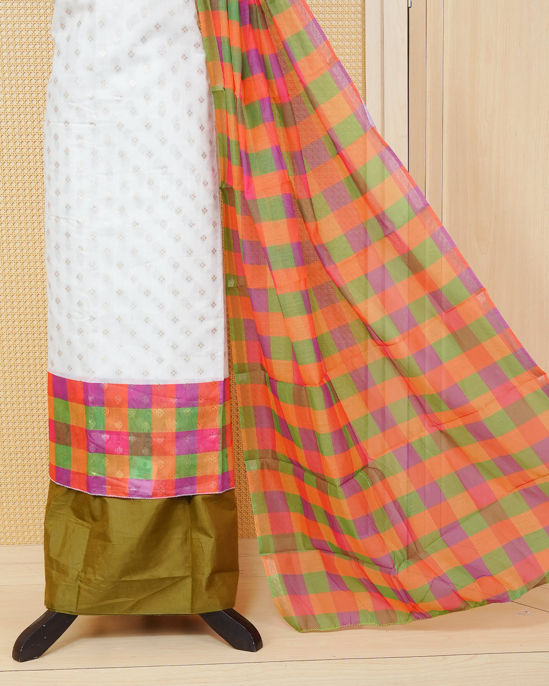White & Dark Olive Chanderi salwar material featuring Gold zari Small motifs on body and Check pattern body, paired with matching colour santoon bottom, elegant dupatta.