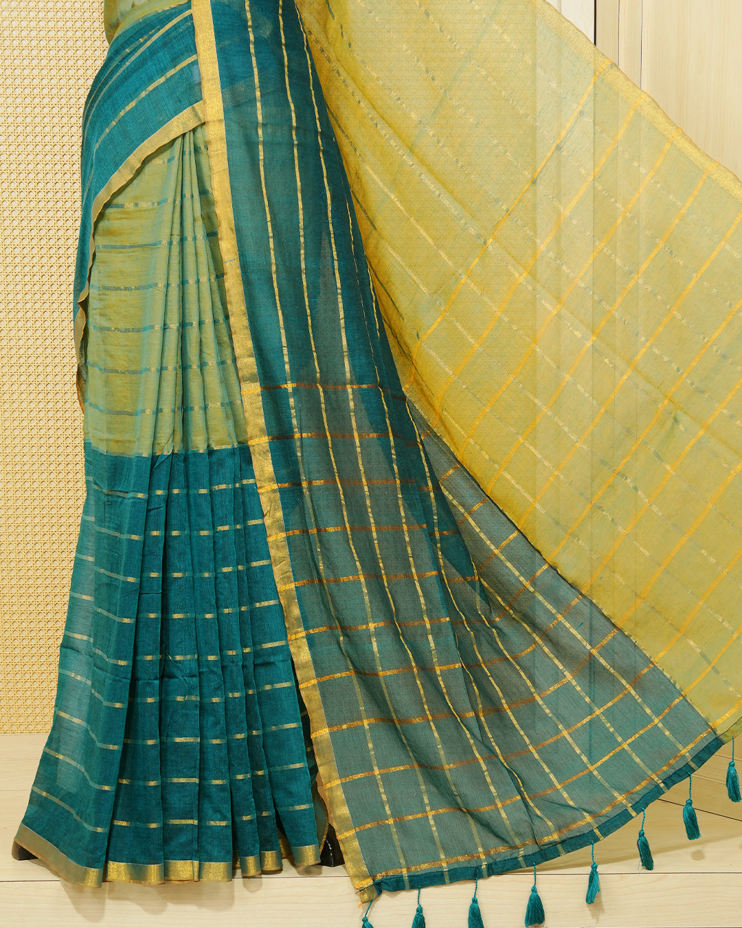 Deep teal & gold colour mul cotton saree