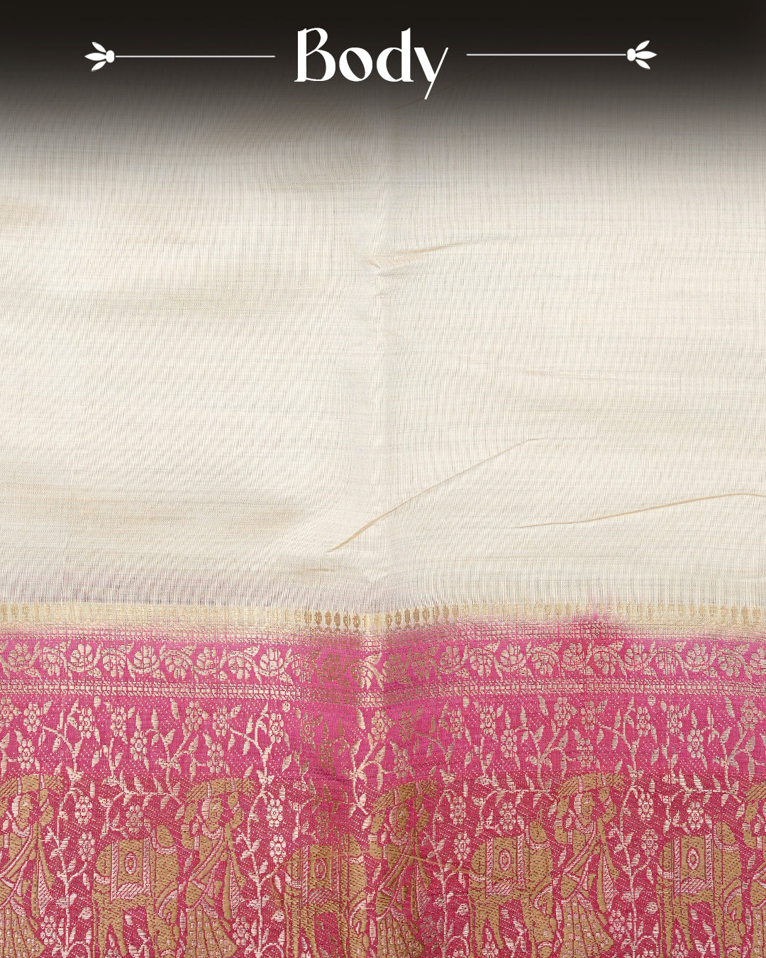 Light gold tussar saree featuring Elegant plain body, complemented by contrast Magenta colour with Gold zari Floral kodi with Elephant Pattern border, comes with matching blouse piece.