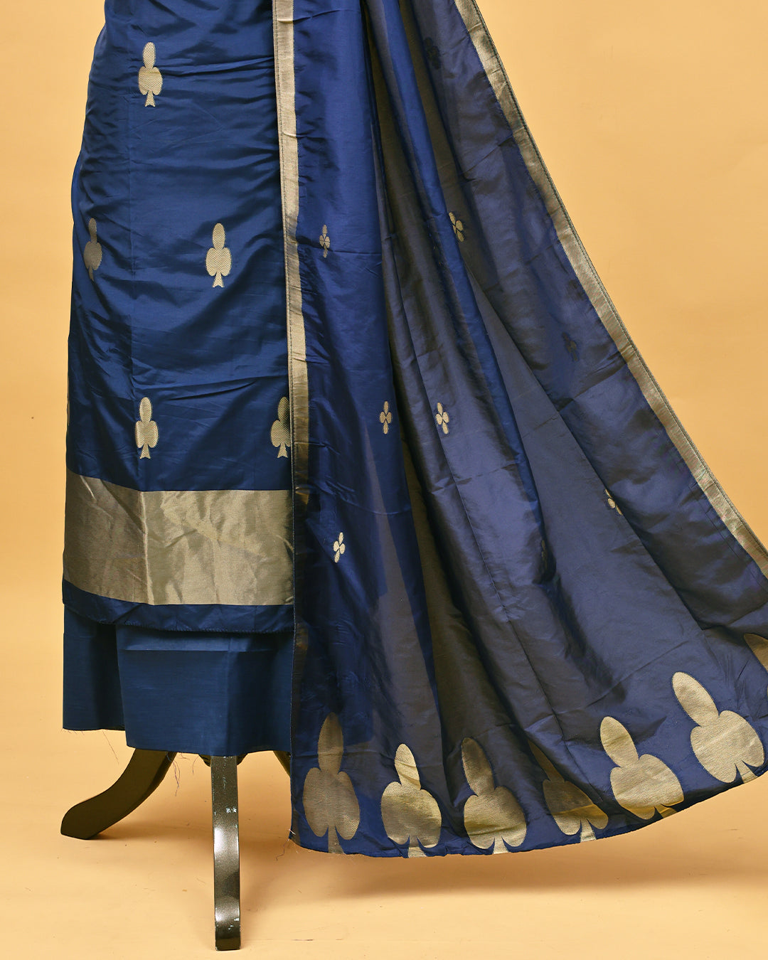 Navy Blue colour Salwar material with Gold zari Club card design on body, matching bottom & Dupatta.