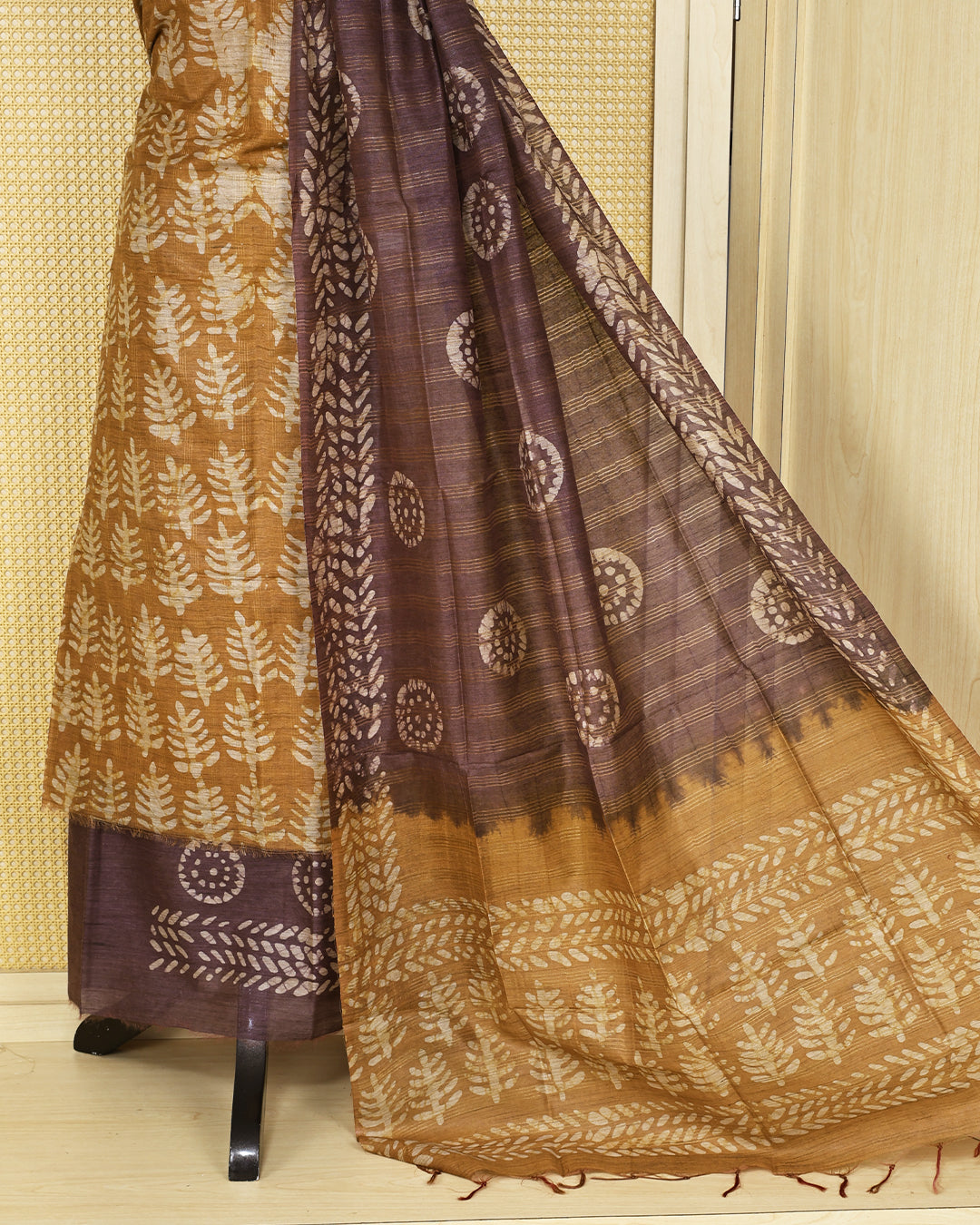 Mustard Brown colour chanderi Salwar Material with leaf printed kurta, wine colour bottom, and contrast wine colour printed dupatta.