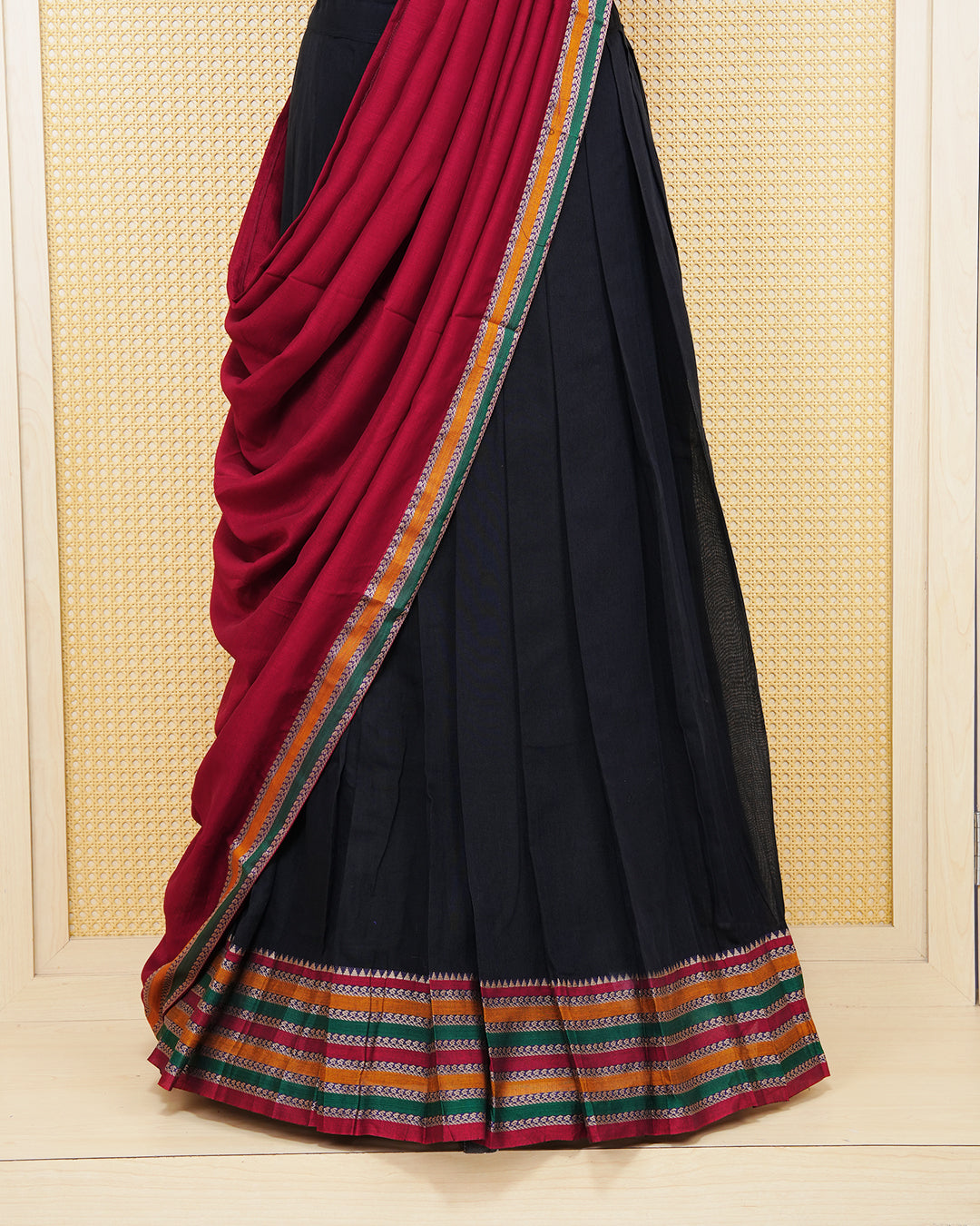 Black colour Chettinad Semi Stitched dhavani set Featuring multicolour with zari on skirt, matching Blouse & Contrast dupatta.