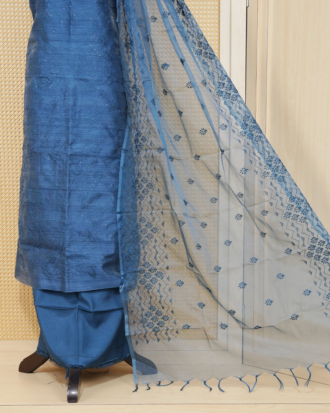Dusty Blue colour silk cotton Salwar material featuring Thread design Body without border, paired with matching bottom and beautiful dupatta.